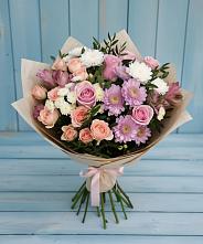 Букет цветов из:  Хризантемы, Розы и Альстромерии в Тёплом