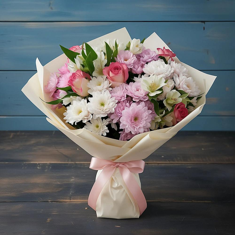 Букет цветов из: Хризантемы, Альстромерии и Розы в Тёплом